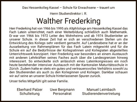 Traueranzeigen Von Walther Frederking Trauer HNA De