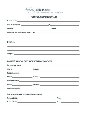 Fillable Online Respite Caregiver Checklist Agingcare Fax Email