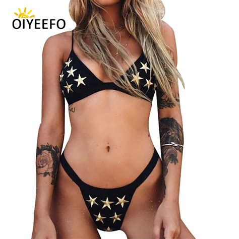 Oiyeefo Embroidery Stars Sexy G String Bikini Brazilian Thong Black