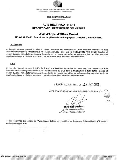 Avis rectificatif N1 AO 97 604 E Fourniture de pièces de rechange