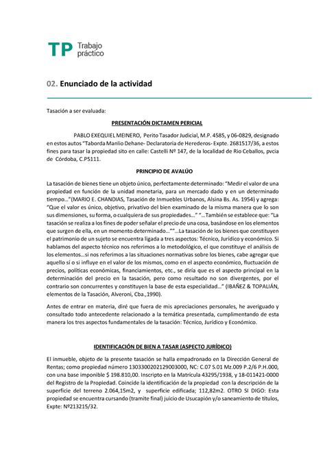 Informe De Tasacion Trabajo Practico N Enunciado De La