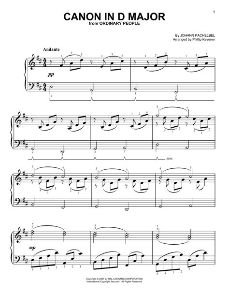 Canon In D Sheet Music By Johann Pachelbel Easy Piano 75618