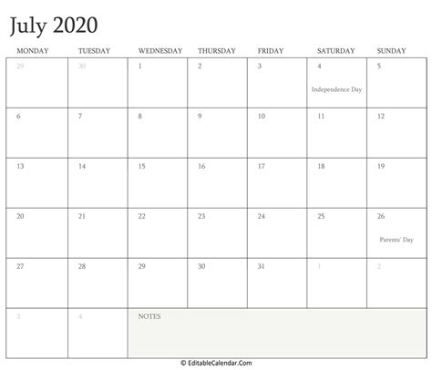 July 2020 Editable Calendar With Holidays