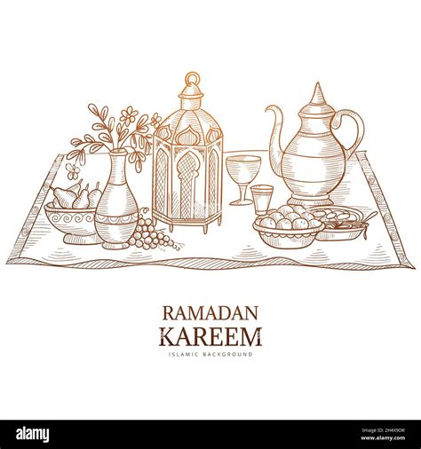 Ramadan Kareem Greeting Card Hand Draw Sketch Background Stock Vector