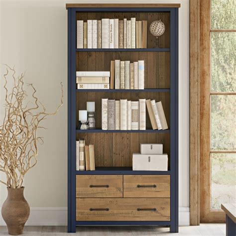 Splash of Blue Large Open Bookcase with Drawers - Made with Oak