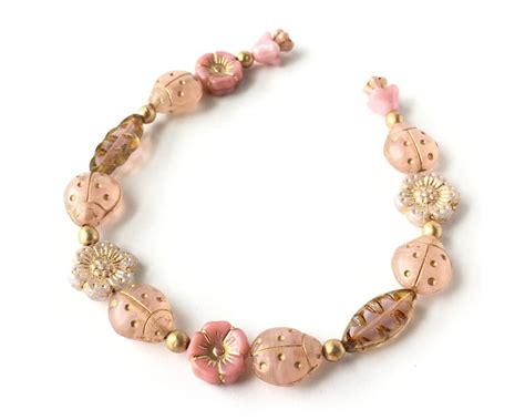 23pc Custom Czech Glass Bead Mix Strand Med Pink Ladybug Beads Peachy