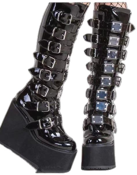 Qengg Size 43 Design Platform Thick Heel Mid Calf Boots Women Punk Cool Gothic Black Buckle