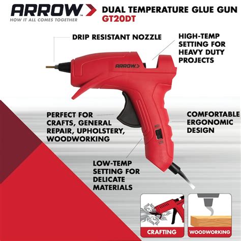 Arrow Dual Temp Glue Gun 20 Watts Gt20dt Ul Safety Listed Uses 0 3125 In Glue Sticks High