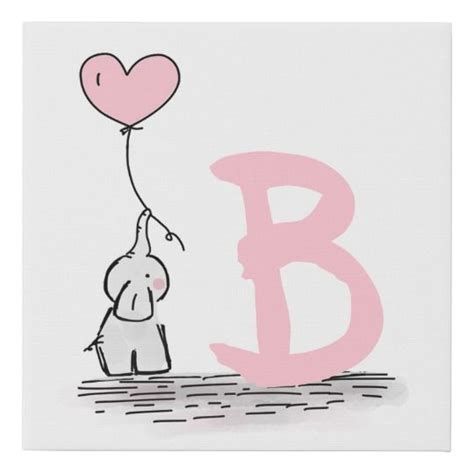 Elephant With Pink Heart Balloon Monogram Nursery Faux Canvas Print