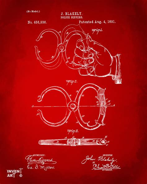 1891 Police Nippers Handcuffs Patent Artwork Red Digital Art By Nikki