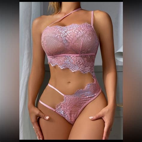 Intimates Sleepwear Floral Lace One Shoulder Cut Out Wireless Lingerie Set Poshmark
