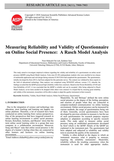 PDF Measuring Reliability And Validity Of Questionnaire On Online