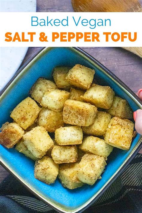 Baked Vegan Salt And Pepper Tofu In A Blue Bowl With Text Overlay