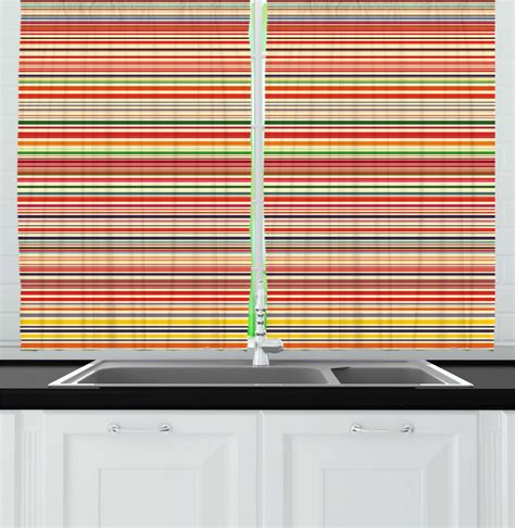 Abstract Curtains 2 Panels Set, Vivid Horizontal Colorful Striped Lines ...