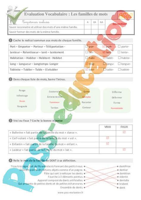 Les familles de mots au CM1 Evaluation QCM Quiz PDF à imprimer