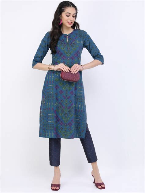 Buy Vishudh Tealgreen Ethnic Motifs Printed Straight Kurta For Women