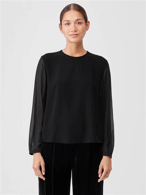 Eileen Fisher Silk Georgette Crepe Top With Sheer Sleeves In Black Lyst