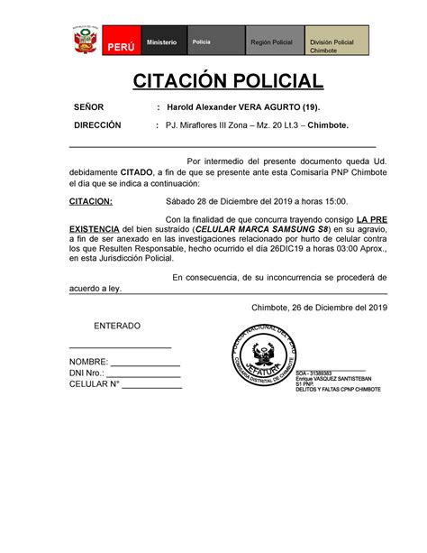 Citacion Policial Policía Región Policial PERÚ Ministerio División