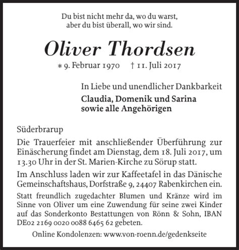 Traueranzeigen Von Oliver Thordsen Sh Z Trauer