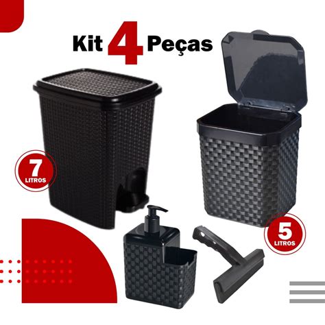 Kit Lixeira Pia 5 Litros Lixeira 7 Litros C Pedal Porta Detergente