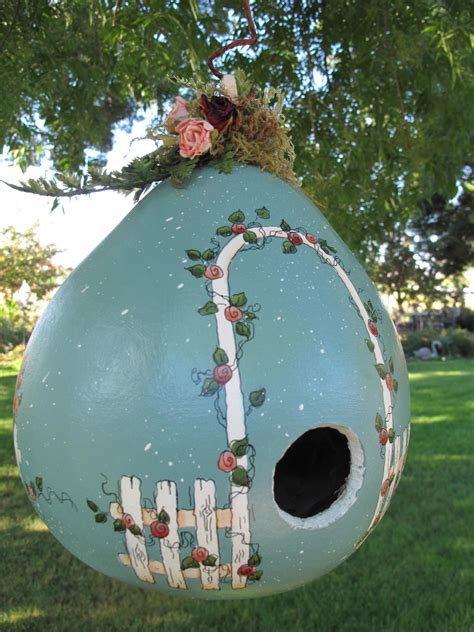 Painted Gourd Bird House With Rose Arbor Painted Gourds Hand