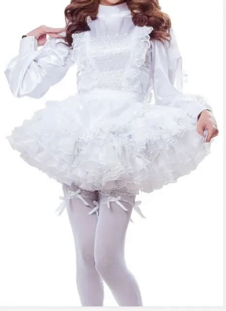 Sissy Girl Sexy Maid White Satin Lockable Fluffy Dress Cosplay Costume