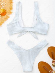 Front Tie Thong Plaid Bikini Set In GREY AND WHITE ZAFUL