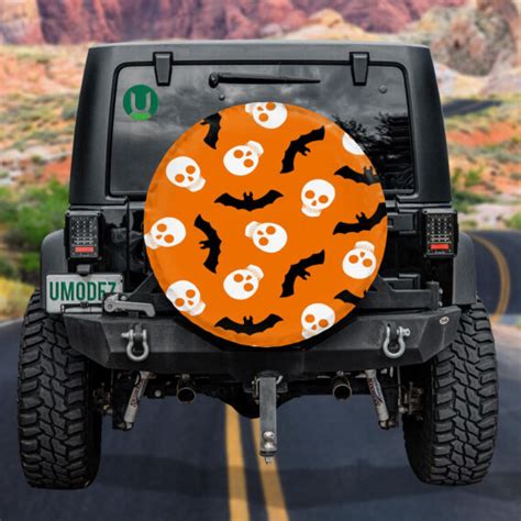 Creepy Human Skulls And Bats On Orange Spare Tire Cover Jeep Tire