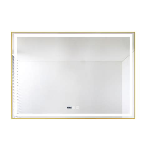 Lustro łazienkowe LED 80x120 cm prostokątne w złotej ramie zegar J147