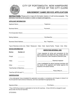 Fillable Online Amusement Game Application City Of Portsmouth Fax