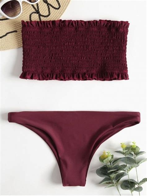 HOT 2019 Ruffle Smocked Bandeau Bikini Set In RED WINE L ZAFUL The