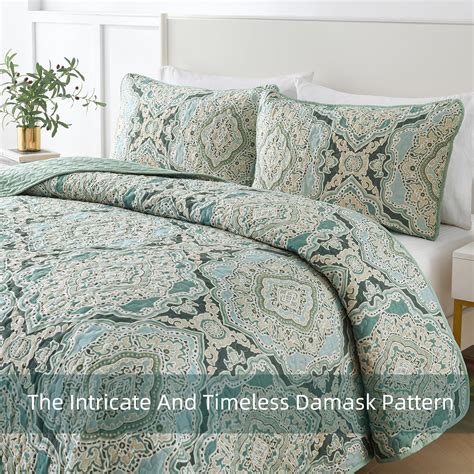 Dobuyly Green Quilt Set Queen Size Boho Damask Bedspread Bedding Sets