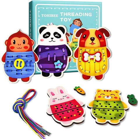 5 Pack Animals Lacing Cards Wood Block Puzzle Threading Toys Montessori