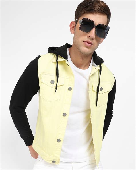 Buy Mens Yellow And Black Color Block Hooded Denim Jacket Online At Bewakoof