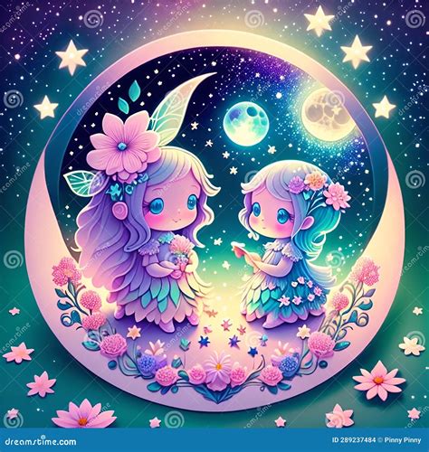 A Whinsical Scene With Fairies Flowers Moon And Stars Magical