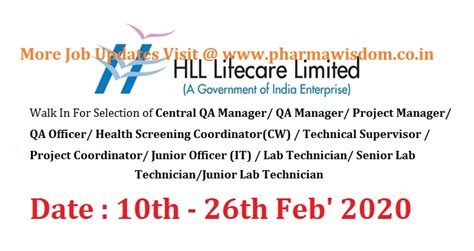 Hll Lifecare Limited Hindlabs Walk In Interview For Multiple Positions Qa Cqa Projects