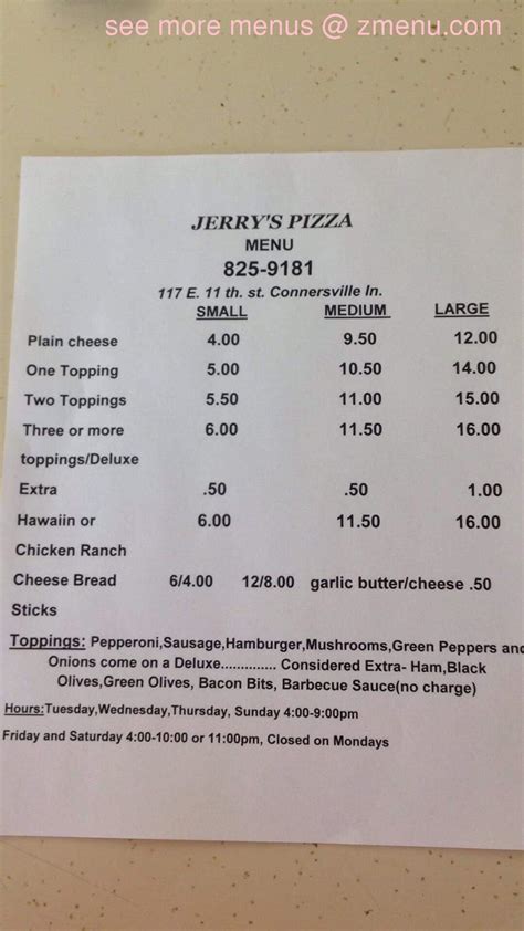 Menu at Jerry's Pizza pizzeria, Connersville