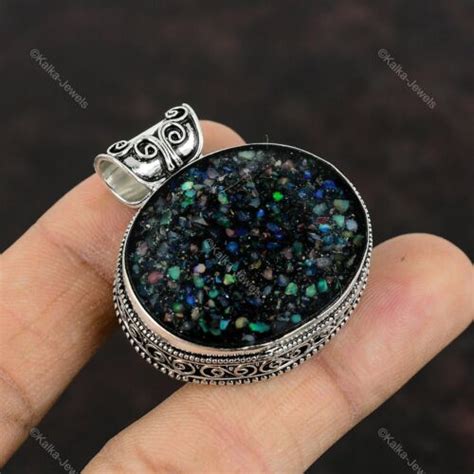 Natural Ethiopian Opal Gemstone Pendant Vintage Black Sterling