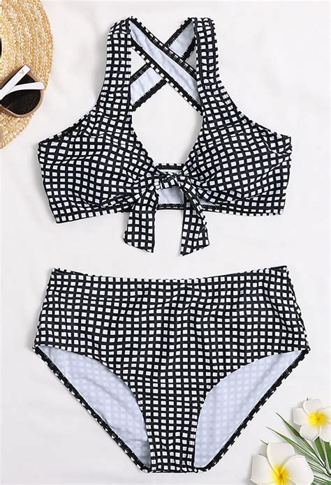 Woman Cute Sexy Fine Grid Pattern Bikini Set Two Piece Swimsuit Outfit For Sale