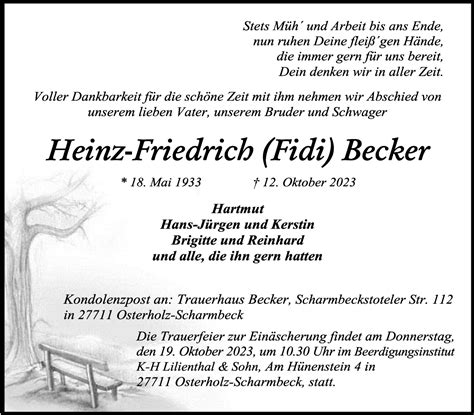 Traueranzeigen Von Heinz Friedrich Becker Trauer Gedenken