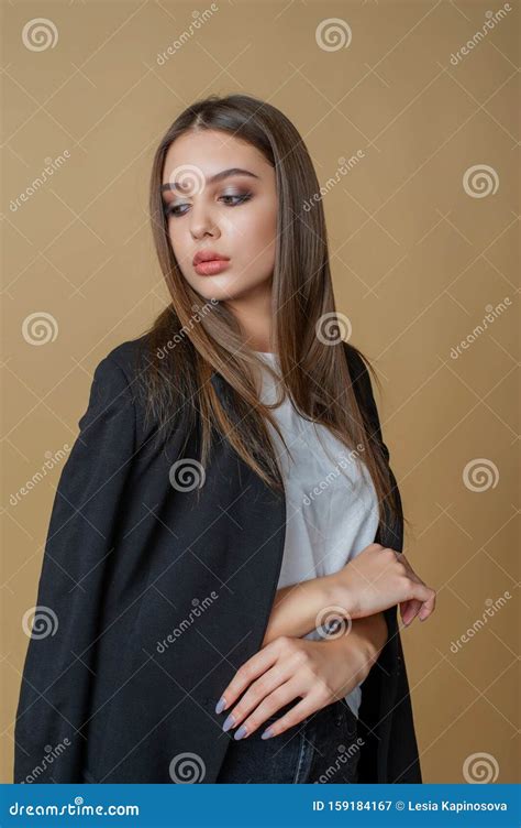 Brunette Woman Posing Girl With Professional Make Up Stock Image Image Of Accessories Dress