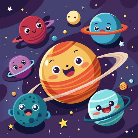 Una Ilustración De Dibujos Animados De Un Planeta Con Planetas Y Estrellas Vector Premium