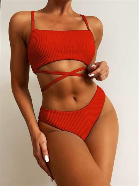 Shein Swim Basics Textured Bikini Set Crisscross Tie Back Wireless Bra