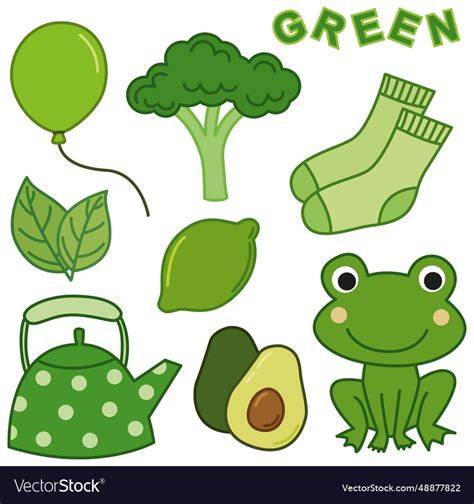 Green color flashcard with different objects Vector Image