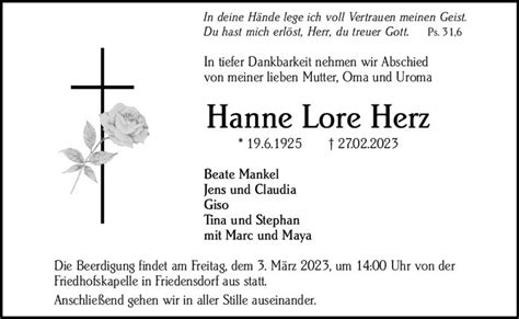 Traueranzeigen Von Hanne Lore Herz Vrm Trauer De