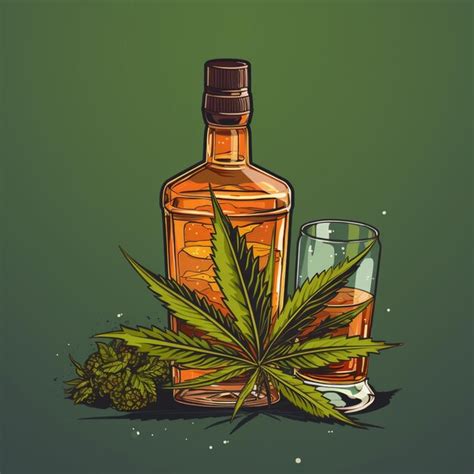 Hay Una Botella De Alcohol Y Un Vaso Con Una Hoja De Marihuana