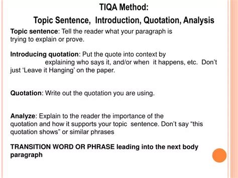 Ppt Tiqa Method Topic Sentence Introduction Quotation Analysis Powerpoint Presentation