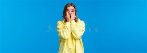 Shocked And Speechless Cute Shy Female Cover Eyes With Hands As See Naked Guy Scream And Peeking