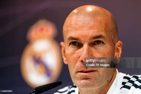 Head Coach Zinedine Zidane Of Real Madrid Looks On Attends The Press