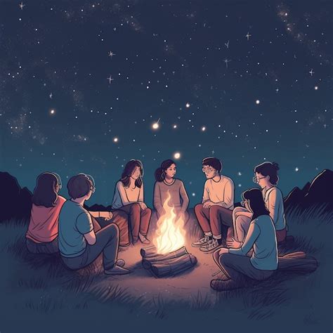 Premium Ai Image Illustration Of People Sitting Around A Campfire